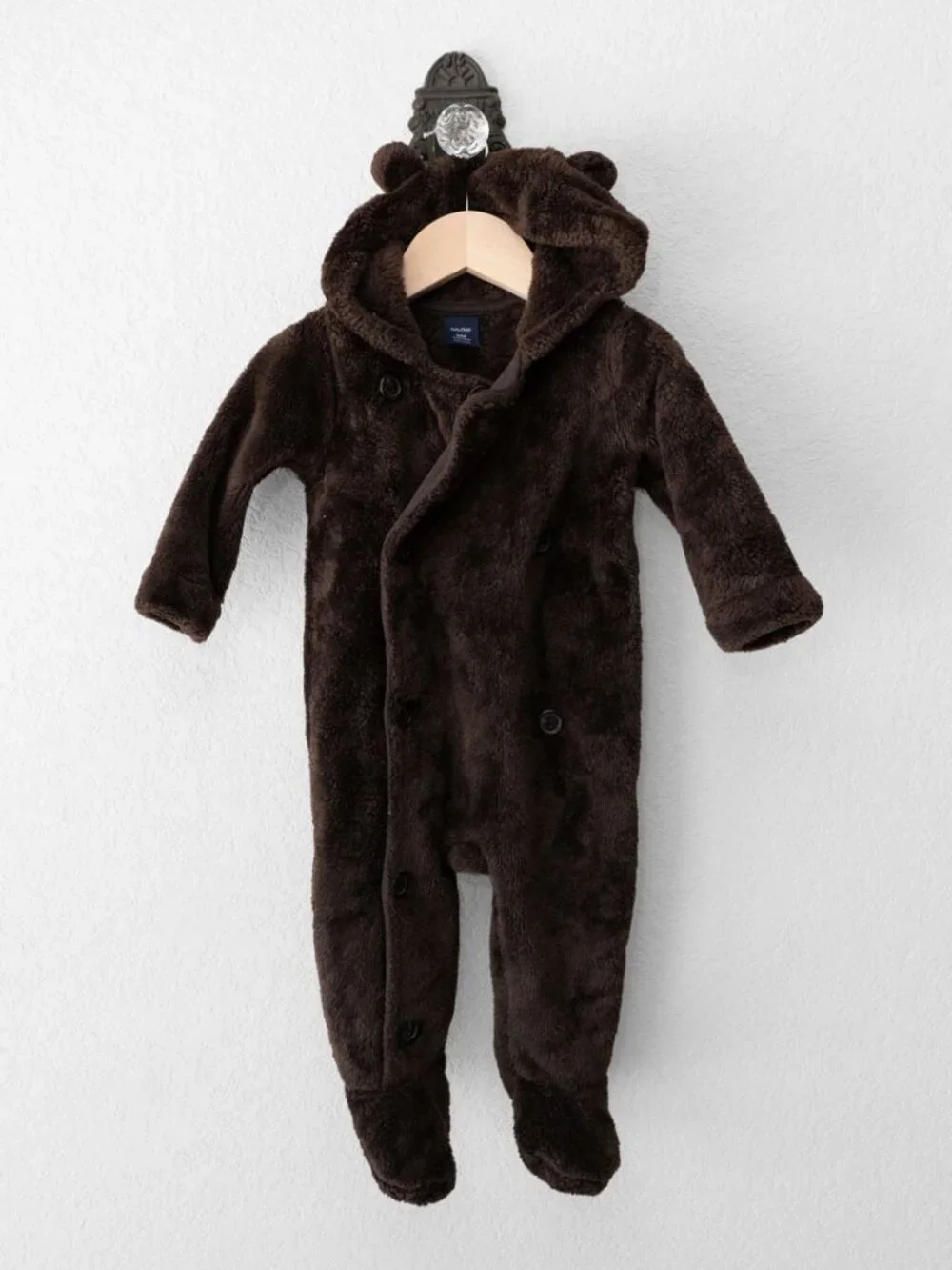 Baby Gap Bunting 6-12 Months Brown Bear Fleece Hooded Footed One Piece Suit